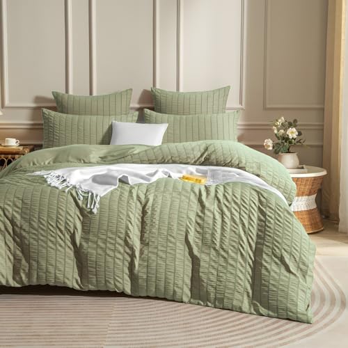 Luowei Seersucker Ropa de cama de 135 x 200 cm, diseño de rayas de verano, con textura, funda nórdica de 2 piezas con funda de almohada de 80 x 80 cm, ligera y suave, transpirable, con certificado