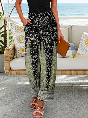 CRAZY GRID Womens High Waisted Palazzo Pants Beach Flowy Summer Wide Leg Trousers Lightweight Casual Vacation Pants with Pockets Medium Black Grass — view 3