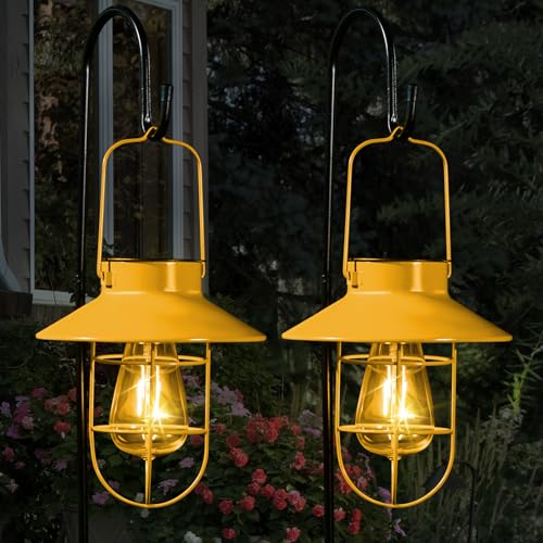 Solar Lanterns with Shepherd Hook, Solar Lights Lantern for Outside,Metal Outdoor Lanterns for Garden ,Outdoor Decoration for Yard, Patio and Lawn (2 Pack Yellow)