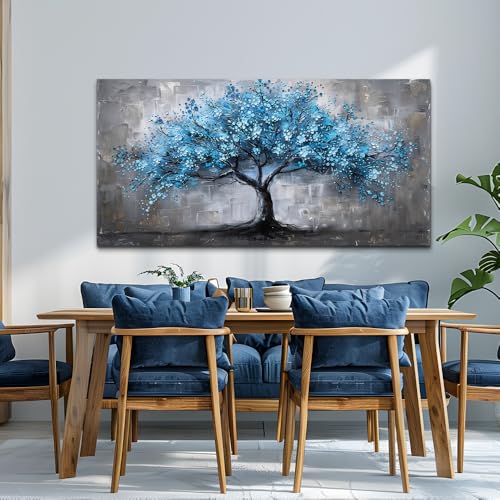 FUHAIHUA Canvas Wall Decor For Bedroom Large Wall Art For Living Room Office Decortions Black And White Paintings Blue Trees Wall Pictures Framed Mural Aesthetic Home Decor Posters Artwork 24x48 In