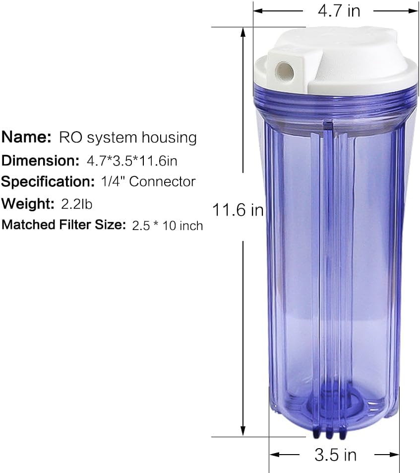 Geekpure 10 Inch Reverse Osmosis Water Filter Housing for RO Filtration System -1/4" Port-2.5" x 10"-Clear