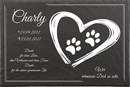 Pokal Center Westerheider Tiergrabstein Hundepfoten im Herz, Grabsteine für Hunde, Gedenktafel aus Naturschiefer, mit personalisierten Text, 30x20cm Cover