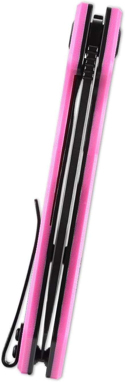Reverse Tanto Pocket Folding Knife: 3.34" D2 Steel Black Blade, G10 Handle with Liner Lock, Reversible Clip, Thumb Hole, EDC Camping Knives for Men & Women E043, Pink