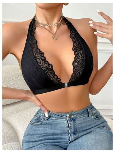 OYOANGLE Women's Lace Trim Front Closure Bralette Halter Neck Wireless Backless Knitted Casual Everyday Bras4