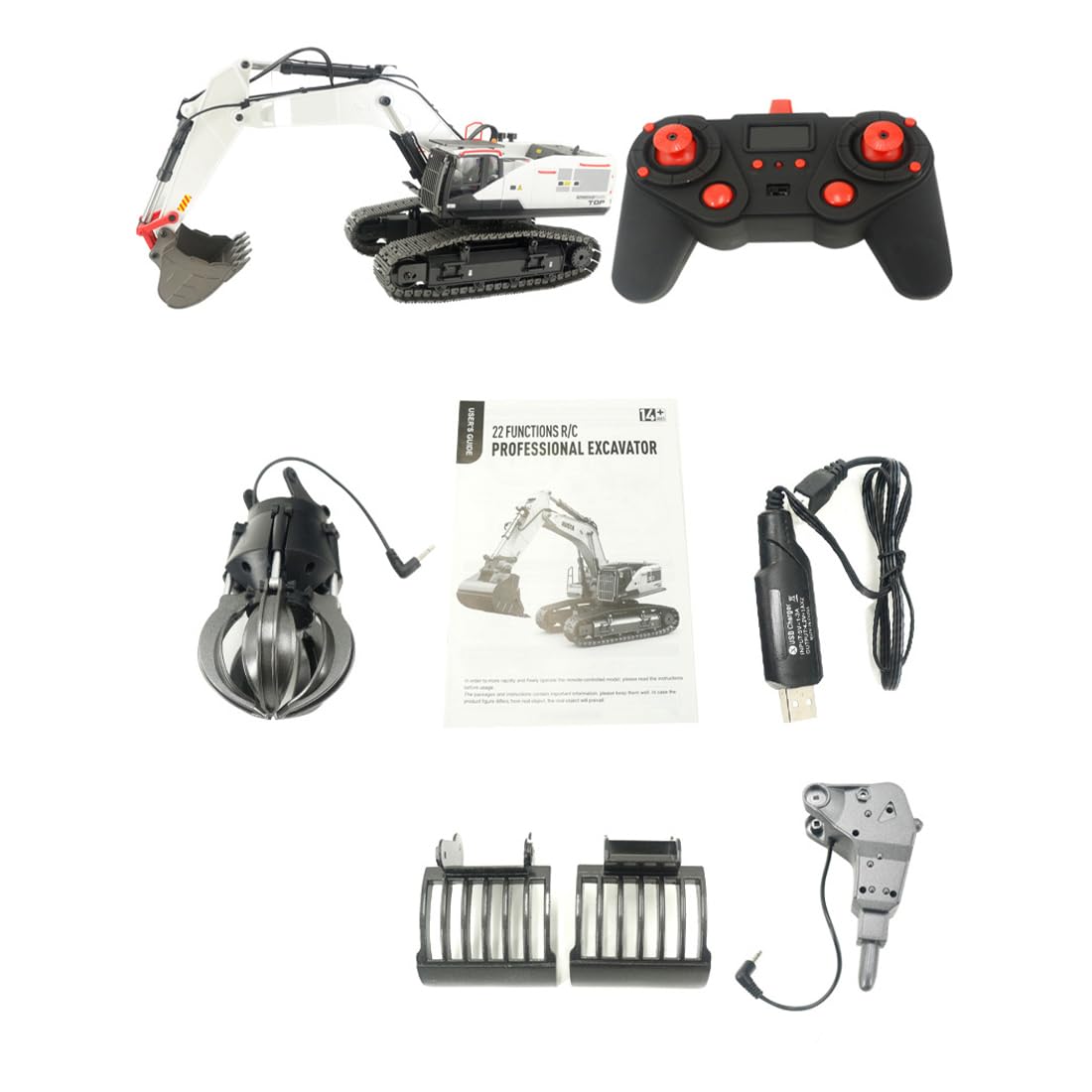 Escavatore RC in lega scala 1/14 con grabber a sfera, artiglio e trapano, telecomando 22CH e luci effetti sonori, regalo per gli amanti dei veicoli da costruzione RC (bianco)