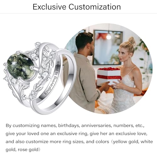 YFN Personalized Natural Moss Agate/Turquoise Ring Set for Women 925 Sterling Silver Customized Engagement Wedding Promise Ring Jewelry Gift for Anniversary Birthday Valentine's Day Christmas2