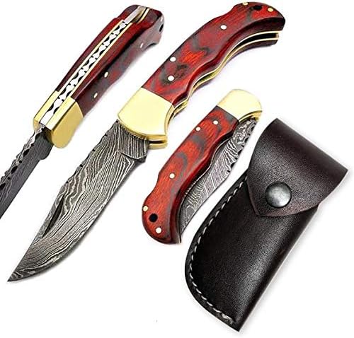 Damascus 6.5'' Beautiful Custom Handmade Steel Brass Bolster Back Lock Folding Pocket Knife & Stainless Steel Camel Bone Wood Handle Pocket Knife - Hunting, Fishing, Outdoors, Tactical (RED)
