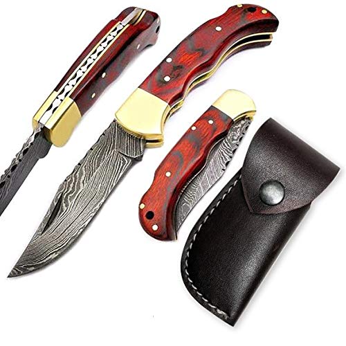 Damascus 6.5'' Beautiful Custom Handmade Steel Brass Bolster Back Lock Folding Pocket Knife & Stainless Steel Camel Bone Wood Handle Pocket Knife - Hunting, Fishing, Outdoors, Tactical (RED)