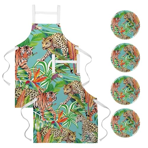 Lot de 2 tabliers de cuisine et tablier de serveuse pour restaurant motif léopard