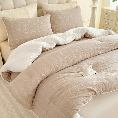 Image of tohrisa Boho Comforter Set Full Size Striped Pleats Bohemian Seersucker Bedding Set All Season Soft Cozy 3 Pieces Quilt with 2 Pillowcases(80 inchX90 inch Beige)