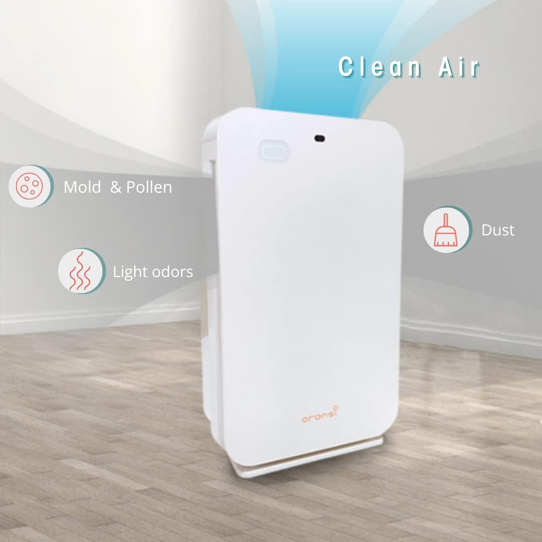 Oransi OV200 Air Purifier showing clean air output and pollutants removed