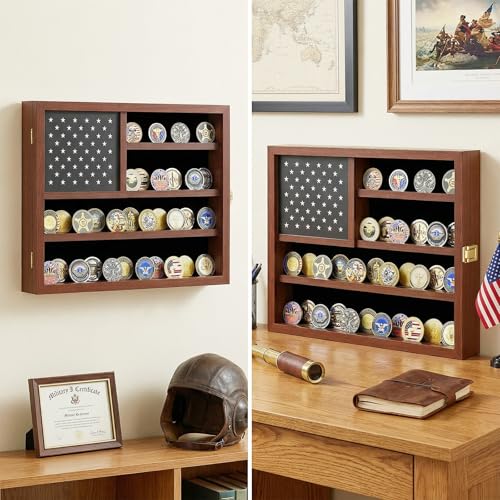 Image of Challenge Coin Display Case, Military Coin Holder Display with American Flag Design & Hidden Storage Compartment, Wooden Challenge Coin Wall Display for 46 Coins, Coin Holder for Collectors-Brown