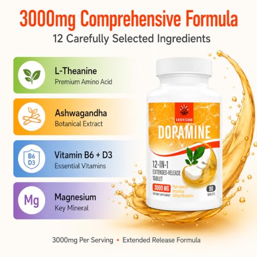 Image of Kroppssund Dopamine Supplements with L-Theanine & Ashwagandha, 12-in-1 Extended Release Formula, 3000mg Per Serving, 90 Tablets (1 Bottle)
