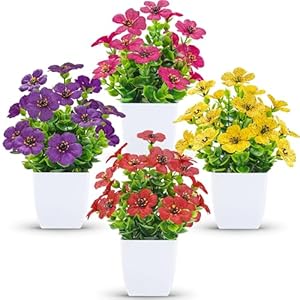 Der Rose 4 Pack Small Fake Plants Mini Artificial Flowers for Bathroom Bedroom Office Desk Shelf Decor, Spring Home Decor