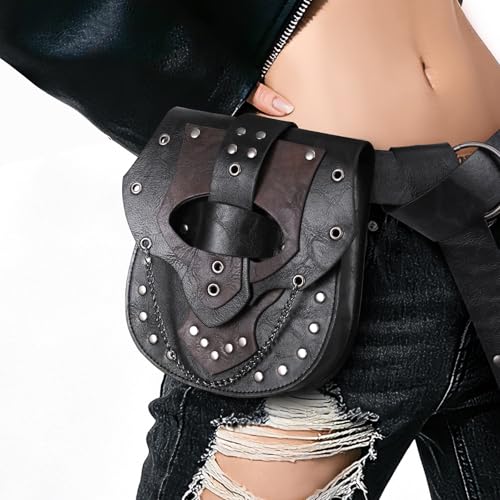 Image of HiiFeuer Steampunk Studded Waist Pack Bag with Belt, Vintage Punk Belt Pouch Portable Fanny Purses for Ren Faire Cosplay (Black A)