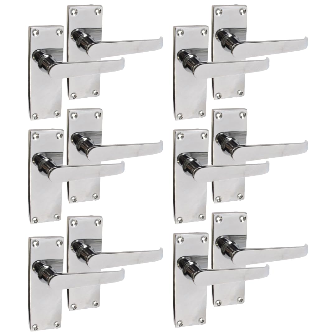 Epsom Door Handle Silver Victorian Straight Polished Chrome Lever Set – Backplate Design 118Mm X 42Mm – Includes Tubular Latch – 6 Pairs