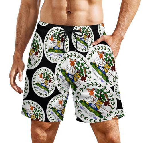 Flag of Belize Casual Beach Shorts for Men Elastic Waist Drawstring Swim Shorts With Compression Liner