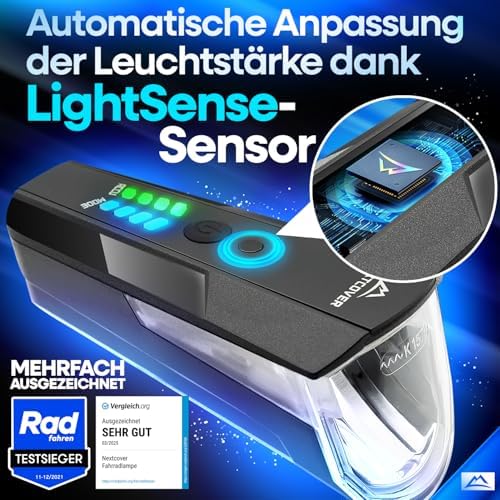 NEXTCOVER® Fahrradlicht Set mit LightSense Sensor & 11h Akkulaufzeit | USB aufladbar wasserdicht StVZO zugelassen