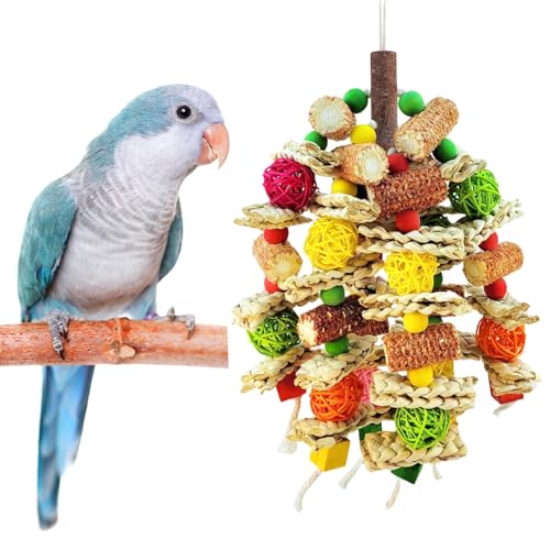 Hiwzitar Parrot Chew Toy, Natural Material Bird Foraging Toy for Conures, Quaker Parrots, Medium-Sized Birds - Colorful Hanging Shredding Toy with Woven Ball, Corn Cob and Wooden Beads