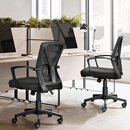 Image of Yaheetech Mid-Back Mesh Task Office Desk Chair with Wheels and Arms, Black | Breathable mesh back and foam-padded seat for all-day comfort; sturdy metal frame, height adjustable, and easy to assemble