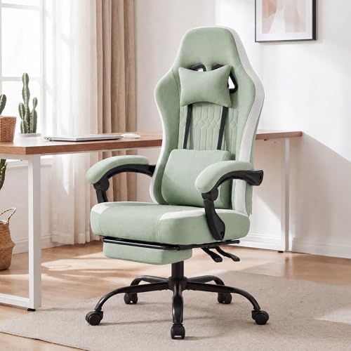 Image of Computer Gaming Chair - High Back Ergonomic Desk Chair with Footrest and Lumbar Support, Height Adjustable Task Chair with Linkage Armrests and Headrest, 360 Swivel Wheels, Green