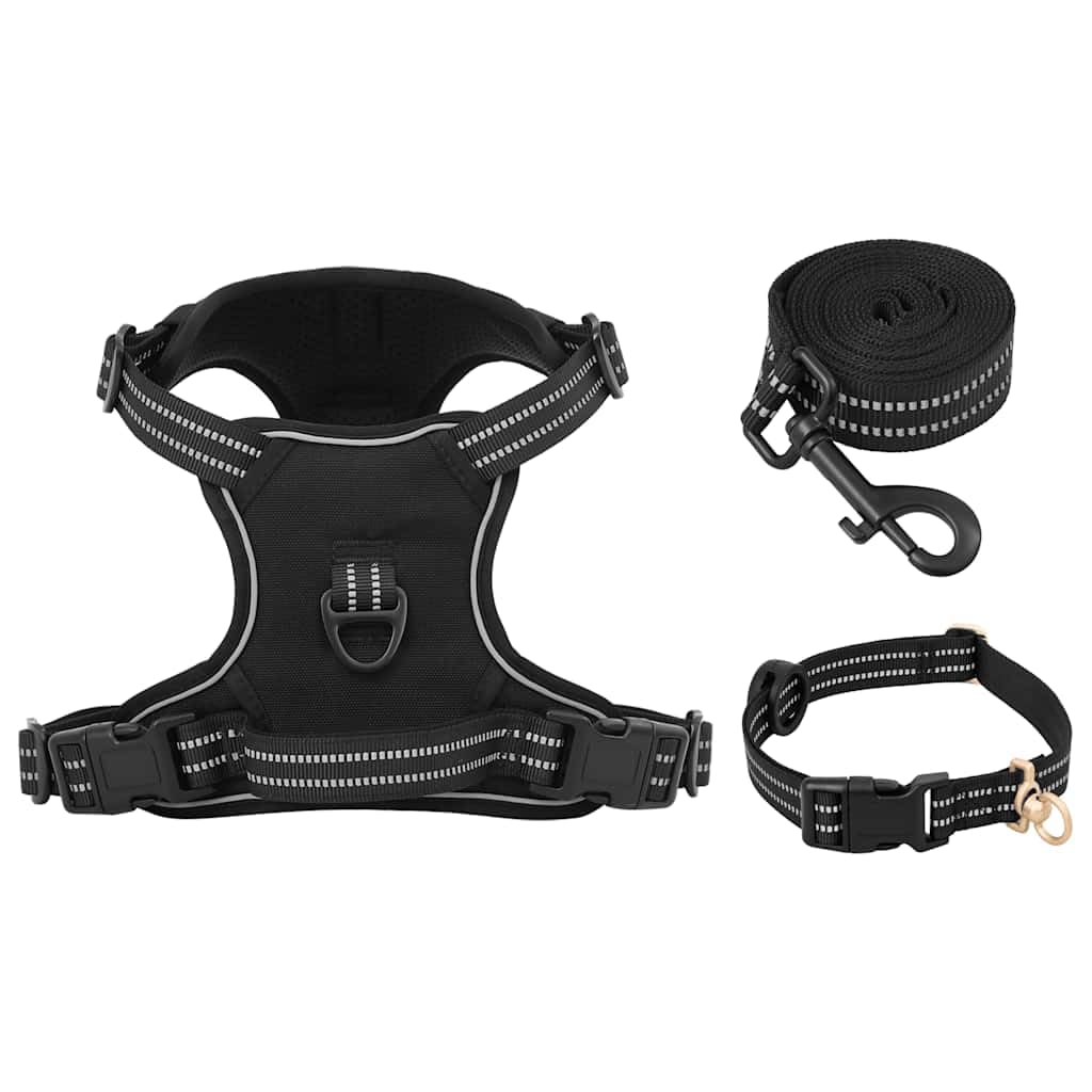 Arnés para perro con correa y collar negro de poliéster, talla L, ajustable con 4 correas y tiras reflectantes, incluye correa de 180 cm y asa de seguridad para pasear