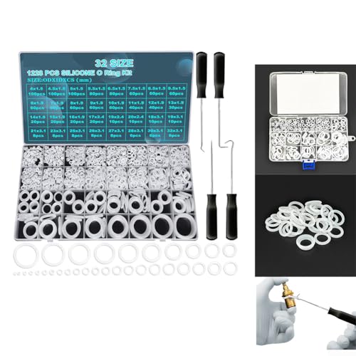 babominimer Set di 1228 anelli in silicone resistenti al calore e all'olio, kit di alta elasticità bianco, 32 misure confezionate, più 4 cacciaviti con manico nero, adatto per riparazione tubi