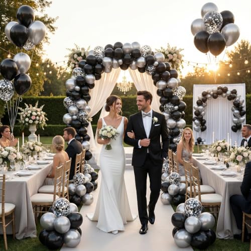 Image of Black and Silver Balloons Arch Kit,130pcs Metallic Black Balloons Garland