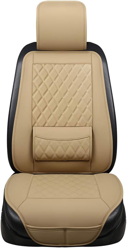 Black Panther 1 Piece Luxury PU Leather Front Car Seat Cover Protector Pad with Lumbar Support, Universal Fit 95% Vehicles - Beige
