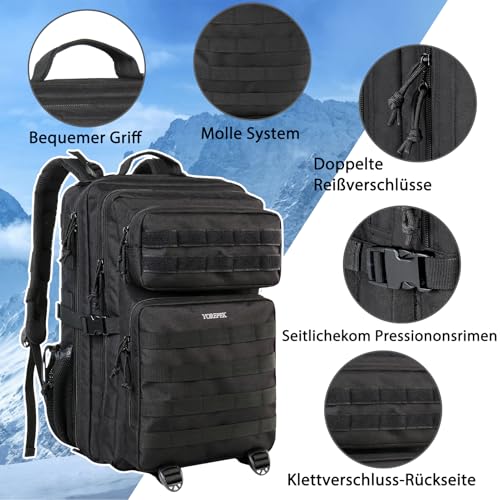 YOREPEK Großer Militär Rucksack Herren, 40L Outdoor Armee Wasserdicht Taktischer Bundeswehr Rucksäcke Molle Assault Survival Tactical Travel Backpack für Camping Trekking Wandern Reise Arbeit, Schwarz
