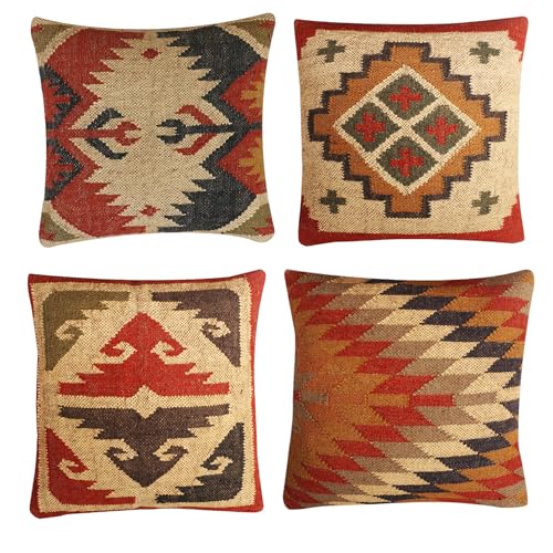 Set of 4 Wool Jute Pillow Cover Vintage Kilim Cushion