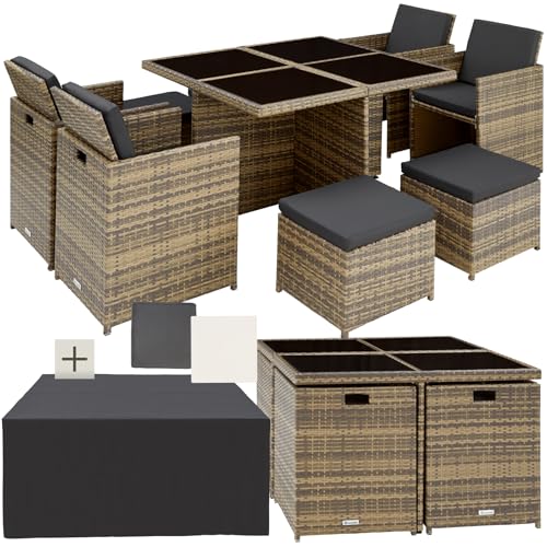 tectake® Lounge Möbel Set 4X Stühle, 4X Hocker, 1x Tisch, platzsparende Cube Aufbewahrung, Outdoor Rattan Gartenmöbel für Balkon, Garten und Terrasse, mit Abdeckung und Wechselbezügen - Natur
