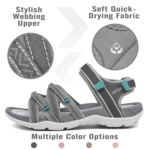Grition Hiking Sandals For Women, Comfortable Summer Sports Walking Sandal Adjustable Strap, Ladies Lightweight Waterproof Athletic Beach Water Sandles Outdoor Gray Green (7.5 Us/38 Eu) #TOP2