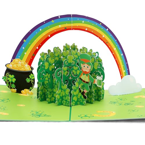 Pop Up St. Patrick's Day Card Green Shamrock 3D Greeting Card Irish Lucky Gift Card with Envelope 5" x 7" Signature Paper Wonder Card Handmade Unique Design Clover Pop Out Card for Fami...