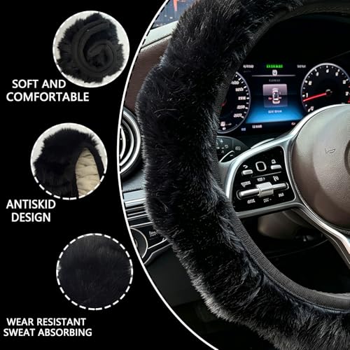 Black Fuzzy Steering Wheel Cover for Women, Steering Wheel Covers with Anti-Slip Lining, Universal 14.5-15 inchs Car Interior Accessories for Men and Women — view 2