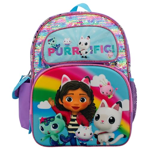 AI ACCESSORY INNOVATIONS Mochila Gabby's Dollhouse para meninas, mochila escolar de 40 cm com lantejoulas e bolso frontal moldado em 3D, roxa, Preto, Standard, Personagem