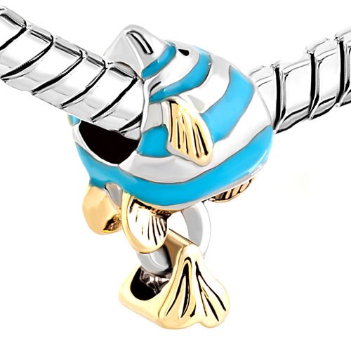 Abalorio de pez azul y oro para pulsera Pandora colgante de plata tropical 3