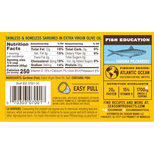 Image of Season Sardine Fillets in Extra Virgin Olive Oil, 4.37 oz, 24-Pack | Skinless & Boneless, Wild Caught, 22g of Protein, Keto Snacks, More Omega 3's Than Tuna, Kosher, High in Calcium