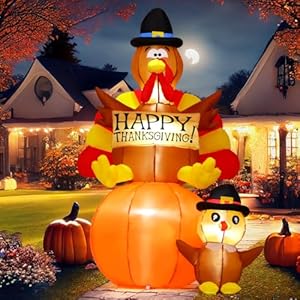 GOOSH 6 FT Thanksgiving Inflatables Turkey Outdoor Decorations Blow Up Yard Turkey on Pumpkin with Turkey Baby with Built-in LEDs for Indoor Party Garden Lawn Decor