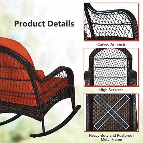 Tangkula Outdoor Wicker Rocking Chair, Patio Rattan Rocker With Seat Back Cushions & Waist Pillow, Sturdy Metal Frame, Mix Brown Outdoor Rocker For Balcony, Porch, Backyard (2, Red) #TOP6