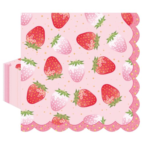 50PCS Strawberry Party Napkins Decorations Disposable Strawberry Birthday Paper Napkins Luncheons Cocktail Dinners Napkin Fruit Theme Celebrations Party Supplies for Birthday Berry Baby Shower
