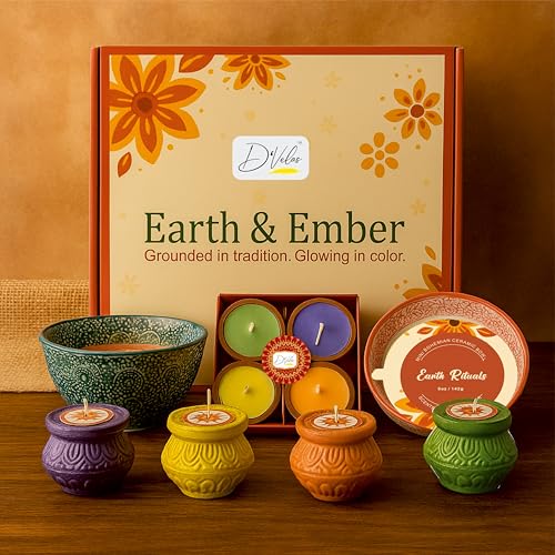 Image of D'Velas Earth & Ember Christmas Gift Set | 2 Scented Bandhani Bowl Candles, 4 Handpainted Votive Cups & 4 Scented Candles | Holiday Home Decor & Gifting | New Year Eve | Premium Fragrance