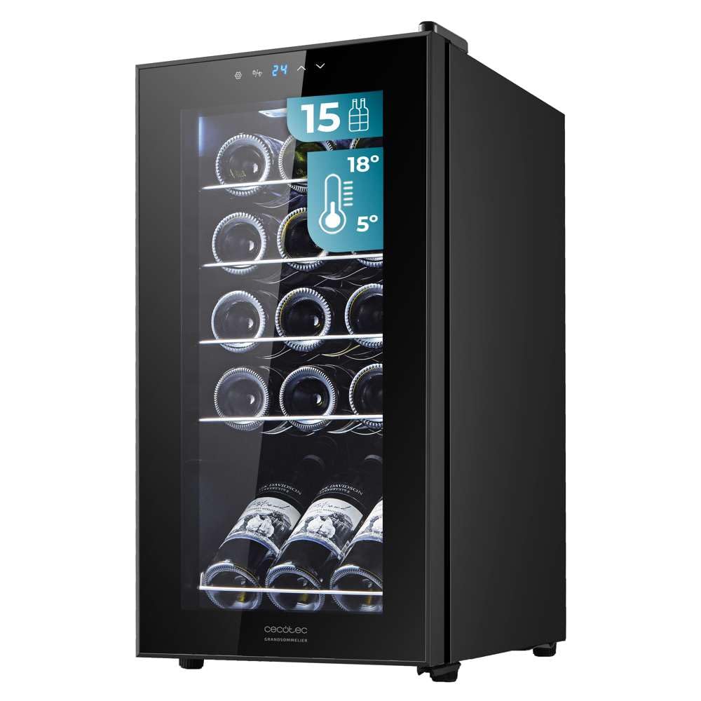 Cecotec Vinoteca Bolero Grandsommelier 1550 Black Compressor, 15 botellas, Silencioso, Alto rendimiento, Regula la temperatura de tus vinos entre 5 y 18 ºC, Control táctil, Luz interior