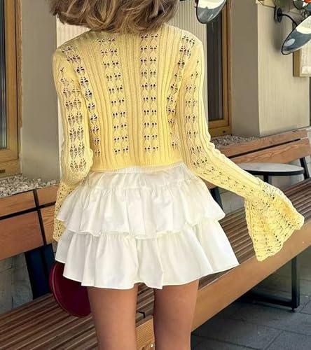 Image of Women Summer Crochet Cardigan Sweater Long Sleeve Button Hollow Out Lightweight V Neck Cropped Knit Cardigan