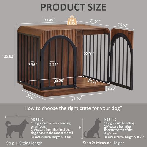 31.5" Fluted Wooden Dog Crate Furniture, Mid-Century Modern Indoor Dog Kennel Dogs Cage for Small/Medium Dogs, Heavy Duty Dog Crates Decorative Pet House for Living Room, Walnut - Image 3