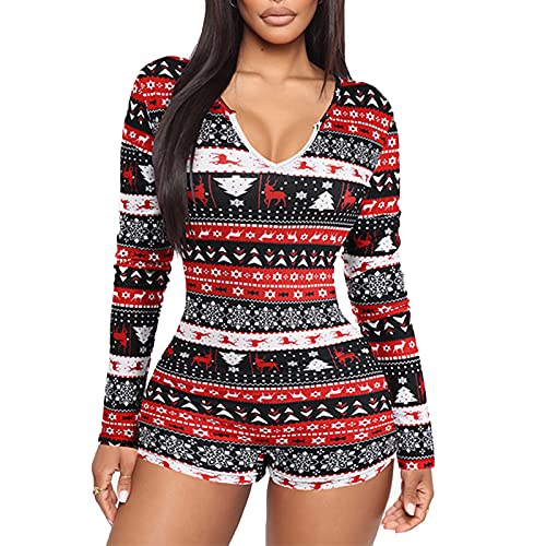 RUEWEY Women V-Neck Shorts Jumpsuit One Piece Bodysuit Pajama Long Sleeve Bodycon Rompers Overall (M Xmas-Red)