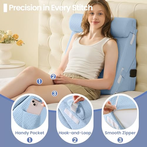 Sasttie Wedge Pillow Set for After Surgery, 3PCS Adjustable Bed Wedge Pillow Headboard with Memory Foam Neck Cushion – for Acid Reflux, Sleeping, Neck & Back Support, Blue