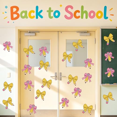 Image of Back to School Cutouts - 100Pcs Pencil Bow Glitter Paper Cut-Out with Glue Points Bulk Bow Cut-Outs for First Day of School Bulletin Board Classroom Party DIY Craft Supplies Chalkboard Door Wall Decor