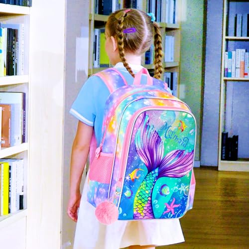 Image of 3Pcs Mermaid Backpack for Girls, 16 inch Kids Bookbag with Lunch Box,School Backpacks for Elementary Preschool Kindergarten (Pink)
