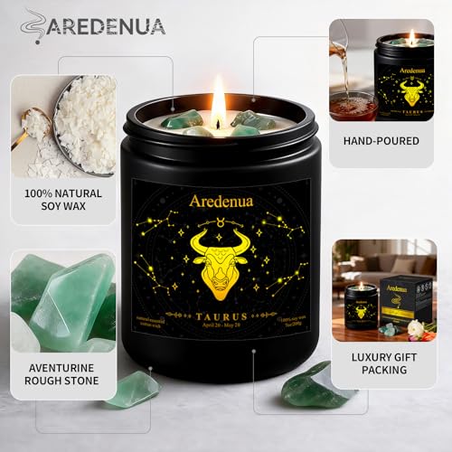 Image of Taurus Zodiac Candles with Aventurine Crystals, Balsamic Cedar Scent | Astrology Taurus Birthday Gifts for Women Men, Black Gift Box, 7 oz Soy Candle, 50 Hour Burn Time, Black Jar